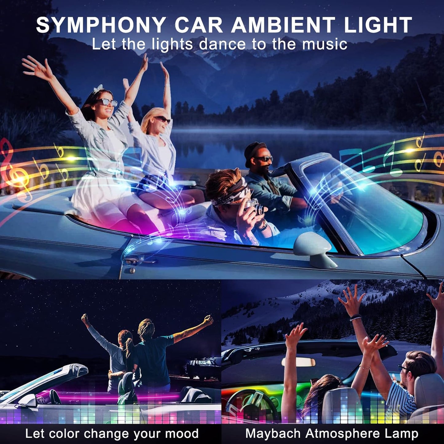 Dreamcolor Acrylic Interior Car LED Strip Light with USB Hub, 55.1 inches Fiber Optic Ambient Lighting Kits, RGB+IC Colors Sound Active Function Neon LED Strip