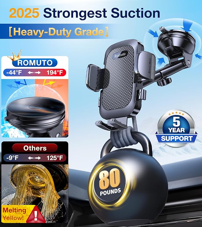 Romuto Phone Holders for Your Car Phone Holder Mount【Super Suction】Cell Phone Mount for Car Accessories for Women Men Windshield/Vent/Dash Truck Stand Desk Mount Clamp Holder for iPhone Samsung Camera