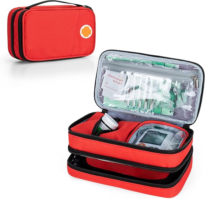 CURMIO Insulated Insulin Cooler Travel Case, Double Layer Diabetic Supplies Storage Bag with Detachable Pouches for Insulin Pens, Diabetic Medication and Ice Packs, Red, Empty Bag Only