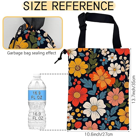 Colorful Flowers Car Trash Bag, Hanging Drawstring Car Garbage Bag,Canvas Car Back Seat Organizer with Adjustable Buckle for Men and Women
