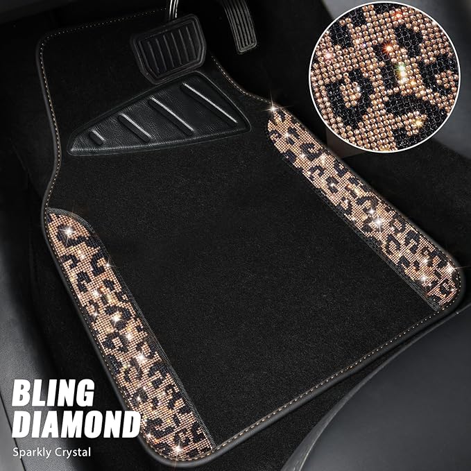 CAR PASS Bling Diamond Car Floor Mats, Shining Rhinestone Carpet Sparkly Glitter Crystal with Anti-Slip PVC Heel Pad Waterproof Universal Fit Automotive SUV,Sedan,Van,Cute Girl Women,4pcs Gold Leopard
