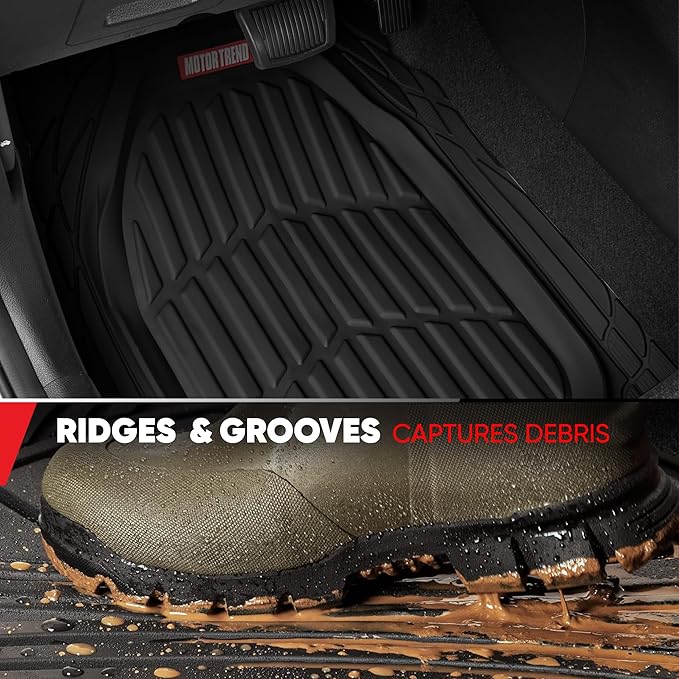 Motor Trend FlexTough Contour Liners Deep Dish 3 pc Rubber Floor Mats & Trimmable Trunk Liner Cargo Mat - Heavy Duty All Weather Protection Car Mats with Traction Grips Car Accessories (Black)