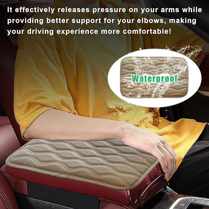 Car Center Console Pad, Waterproof Auto Armrest Seat Box Cover, PU Leather Arm Rest Protector Cushion Pad, Universal Vehicle Interior Protection Accessories for Car SUV (Beige)