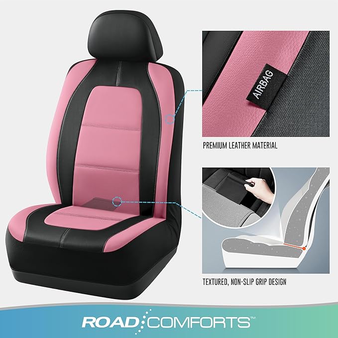 Road Comforts Car Seat Cover, Leather Car Seat Covers, Front Low Back Sport Seat Covers, Airbag Compatible, Universal Fits for Most Cars (Pink)