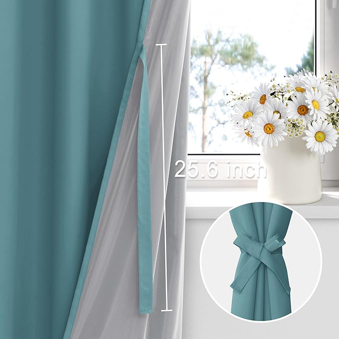 XWZO 100% Blackout Curtains - Thermal Insulated Black Liner Curtains, Noise Reducing and Heat Blocking Drapes for Hall and Studio Windows with Tiebacks, Stone Blue, W52 x L72, Set of 2