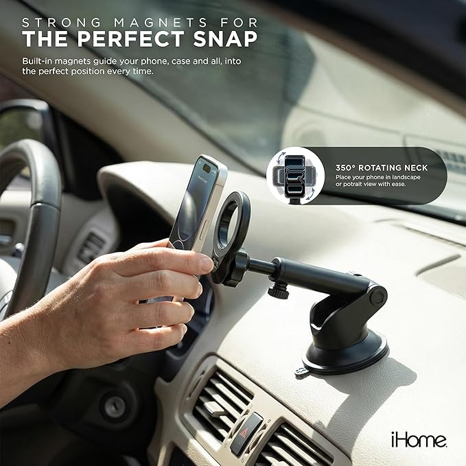 iHome Car Mount, Dashboard/Windshield/Vent Mount, Swivel Neck, Silicone Grip, Adjustable Mount Arm with Suction Cup Base (Magnetic Car Mount)