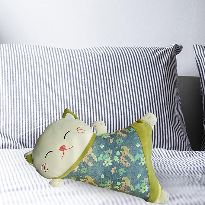 Lucky Cat Pillow Seat Cushion Detachable Belt Waist Cushion Lumbar Support Cushion for Car, Green