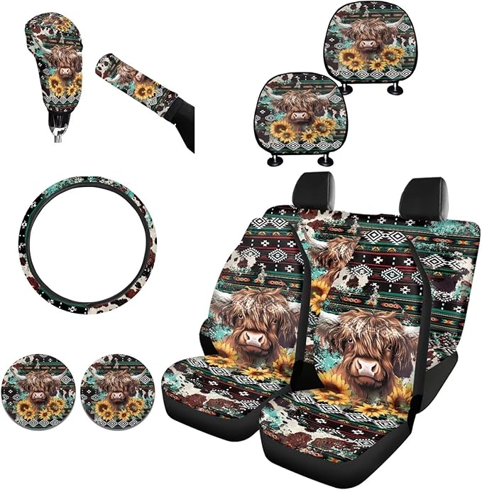 FKELYI Aztec Cattle Anti-Slip Car Seat Cover Steering Wheel Cover, Sunflower Seat Cushions, Gear Shifter Knob and Handbrake Cover, Headrest Covers, Cup Coasters