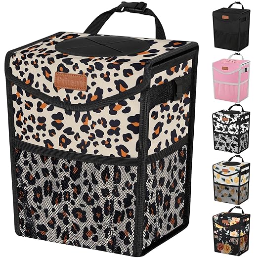 Pritent Car Trash Can with Lid, Cute Leakproof Car Trash Garbage Bag Hanging Vehicle Trash Bin Small Portable Automotive Garbage Cans Organizer for Back/Front Seat/Console(2.8 gal,Leopard
