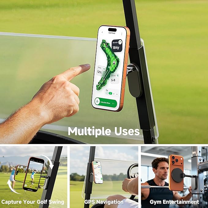 Upgraded Magnetic Golf Cart Phone Holder, Two-Fold 360° Rotating, Compatible for MagSafe iPhone or Samsung Android Devices, Golf Cart Accessory Fits EZGO Club Car Yamaha Gifts