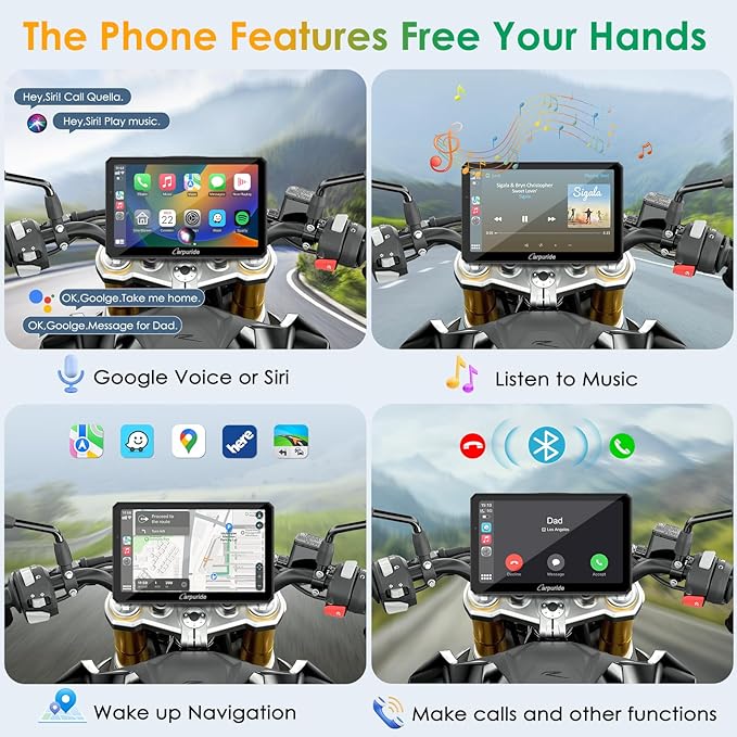 Carpuride W712D Motorcycle Carplay Screen with HD 1080 Dual Dash Cam, Wireless Car Play and Android Auto, 7" Waterproof Rotatable Navigation Touchscreen, Loop Recording, Bluetooth, Wired Controller