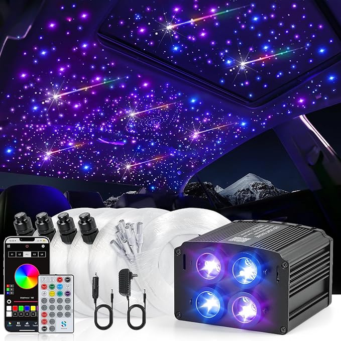 4 Colors 32W Twinkle & Meteor Starlight Headliner Kit for Car Home, 2-in-1 Light Engine 860pcs*0.03in*13.1ft+240 RGBW Fiber Optic Cable Shooting Car Star Sky Roof Lights, Ceiling Star Lights for Car