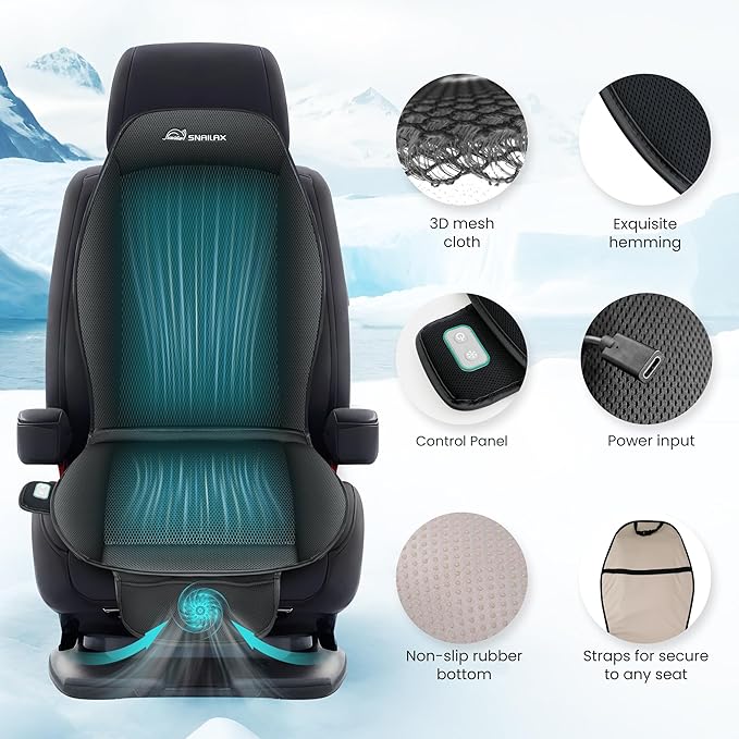 Snailax Car Seat Cooling Pad, Car Seat Cooler, Ventilated AC Seat Covers for Cars, Universal Fit Cool Car Seat, USB Cable Included