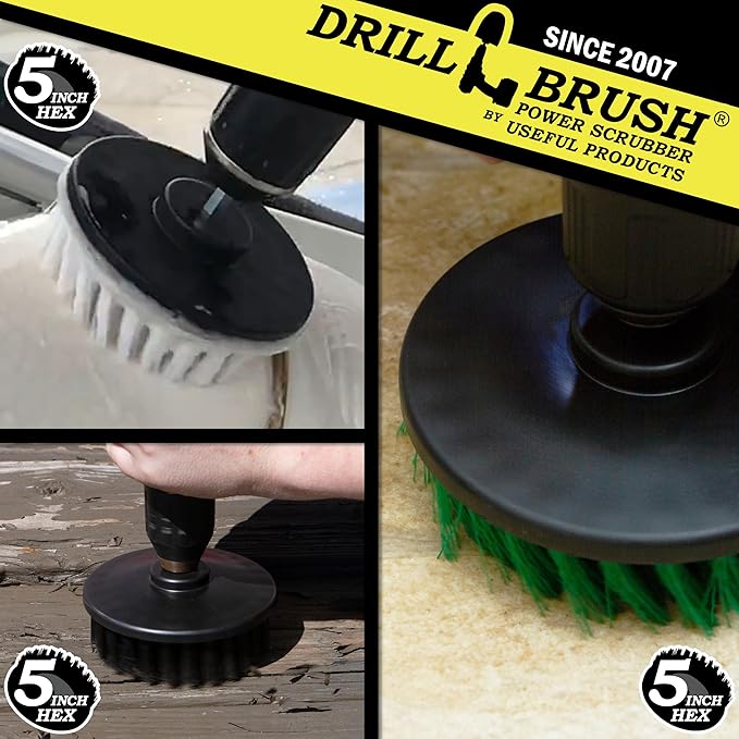Drillbrush 3 Brush Kit - Drill Brush Cleaning Supplies - White Soft for Leather, Glass, Carpet - Green Medium for Kitchen, Bathroom, Tub, Sinks, Flooring - Black Ultra Stiff for Garage Floors, Stone