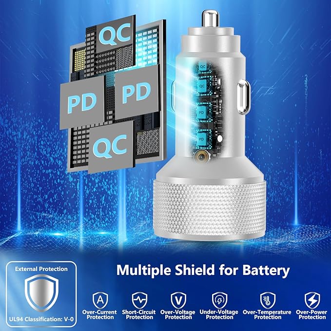 USB C Car Charger, KYOHAYA 2Pack 90W 4-Port Dual USB-C & USB-A Car Power Cigarette Lighter PD/QC3.0 Type C Car Carplay Charger Fast Charging for iPhone 17 17 Pro 16 15 14 13 12 11/Galaxy S26 S25/Pixel
