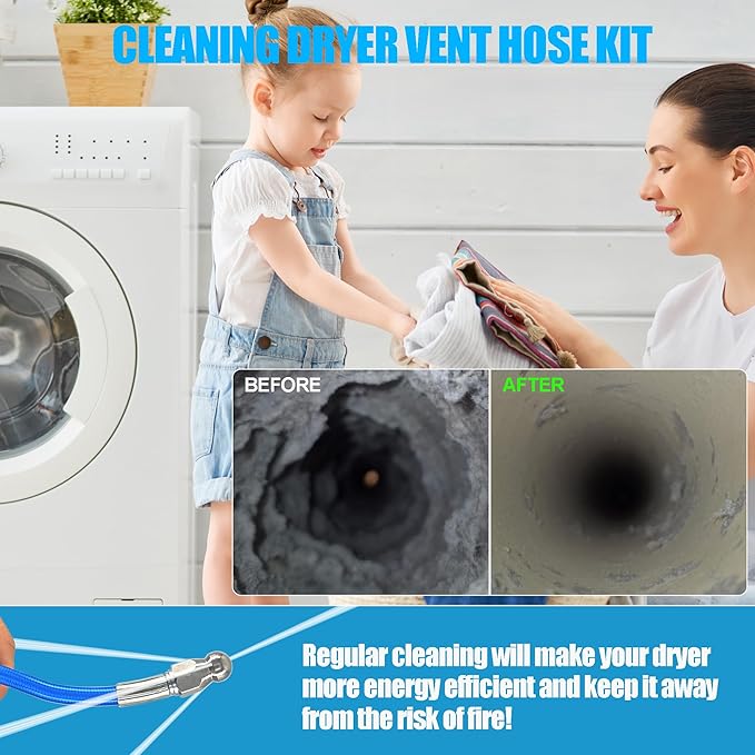 Dryer Vent Cleaner Kit - 32ft Pressure Hose + 1/4 Air Quick Connect + 2 Jetter Nozzle for Powerful Lint Removal, Fire Hazard Reduction & Energy Savings – Ideal for Cleaning Long Dryer Ducts