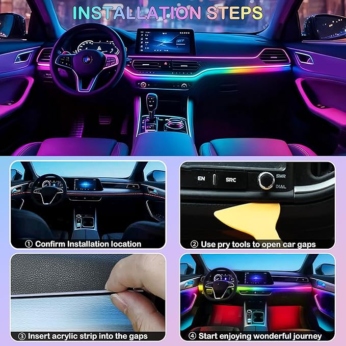Interior Car LED Strip Lights, RGB 10 in 1 Dynamic Dreamcolor Chasing Acrylic LED Lights for Car, USB Powered Ambient Lighting Kits with Wireless APP, Sound Active Function Car Neon Lights (10 in 1)
