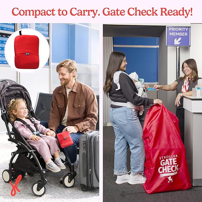 J.L. Childress Gate Check Bag for Single & Some Double Strollers - Travel Bag for Airplane, Fits Most Standard Baby Strollers, Airport Accessories for Gate Check, Flying Essentials - Red