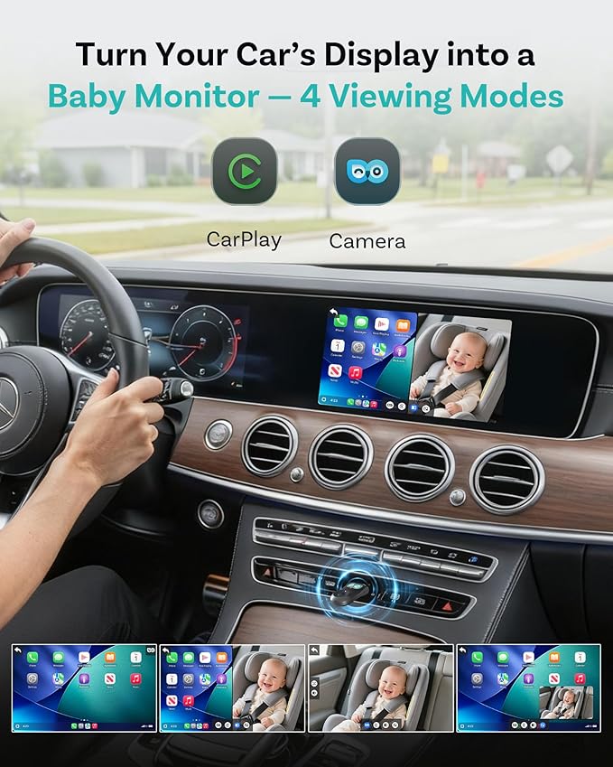OTTOCAST Cabin Care Adapter 2026,2-in-1 Baby Car Camera & Wireless CarPlay Adapter-No Extra Screen Needed,1080P Car Baby Monitor for No-Glow Night Vision,150°Wide Angle,Plug&Play(No Android Support)