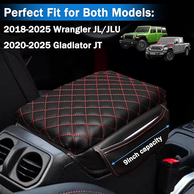 Center Console Cover for Jeep Wrangler JL 2018-2026 & Gladiator JT 2020-2026 1.2in Thickness Armrest Cover Leather Arm Rest Lid Protector Cushion Pad with Stroage Pockets Interior Accessories (Red)