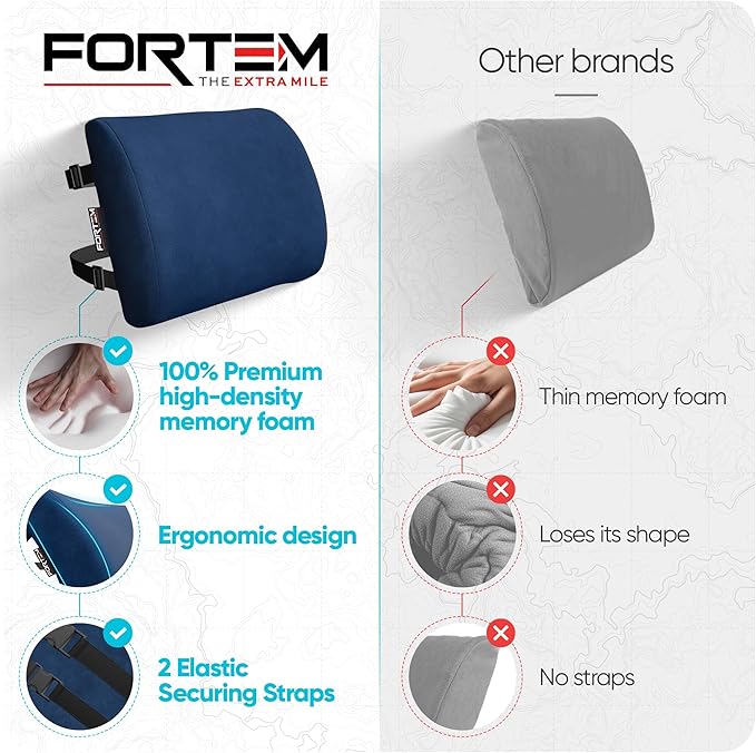 FORTEM Lumbar Support Pillow for Office Chair, Lumbar Support Pillow for Car, Back Rest for Gaming, Memory Foam Pillow, Desk Chair Cushion, Breathable & Washable Cover, Adjustable Straps