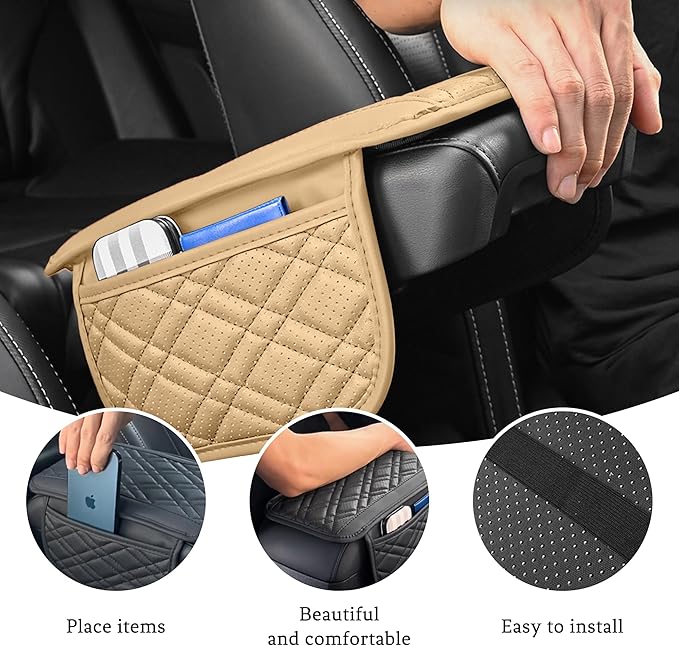 Car Center Console Cover, Leather Vehicle Arm Rest Cushion with 2 Storage Bags, Automotive Armrest Interior Seat Box Pad Accessories, Universal for SUV, Sedan, Truck (Beige)