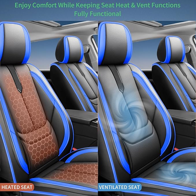 Fit Ridgeline Car Seat Covers for Honda Ridgeline 2007-2025 2026-Upgraded Premium Waterproof & Breathable Leather,Airbag Compatible,All-Weather Seat Cushion Protector,Full Set,Black-Blue