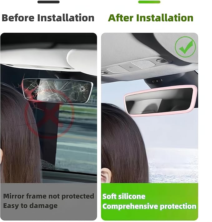 Tesla Model 3 Model Y Accessories of Screen Protector Frame + Center Console Wireless Charging Silicone Pad + Interior Rear View Mirror Cover 3pcs 3in1 (Pink)