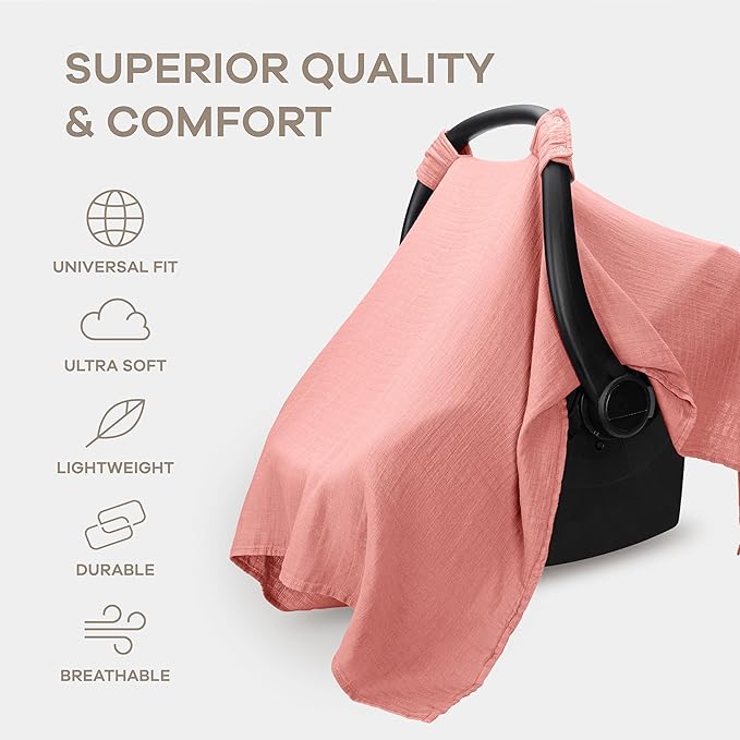 Comfy Cubs Baby Car Seat Cover - Soft, Breathable Bamboo Rayon and Muslin Cotton Blend - Lightweight Canopy for Sun, Bug, and Comfort Protection - Large Size Infant Seat Cover in Dusty Rose Design
