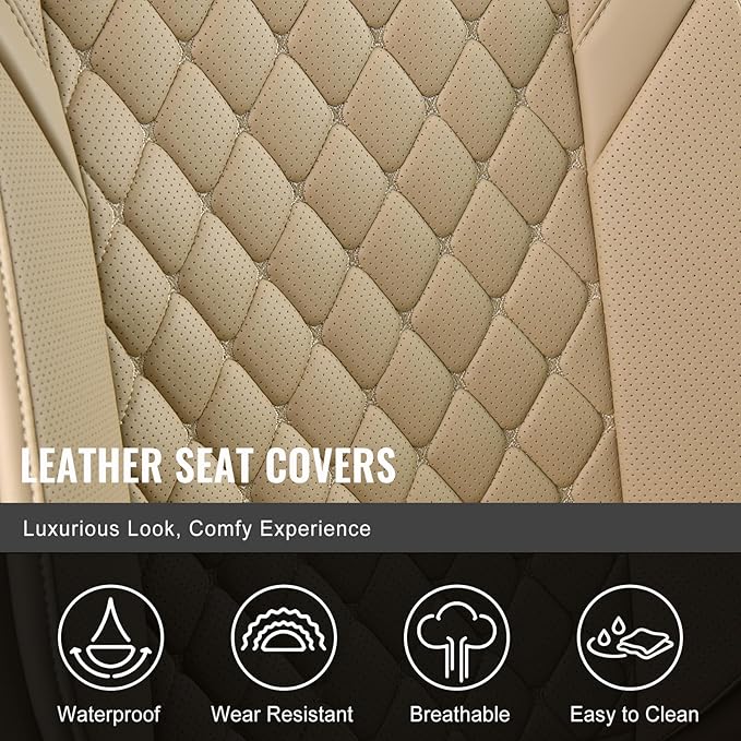 Auto Car Seat Covers Full Set Leather Cushion Protector Breathable Waterproof Seat Cover for Cars Universal Fit (Beige, Full Set Without Headrest)