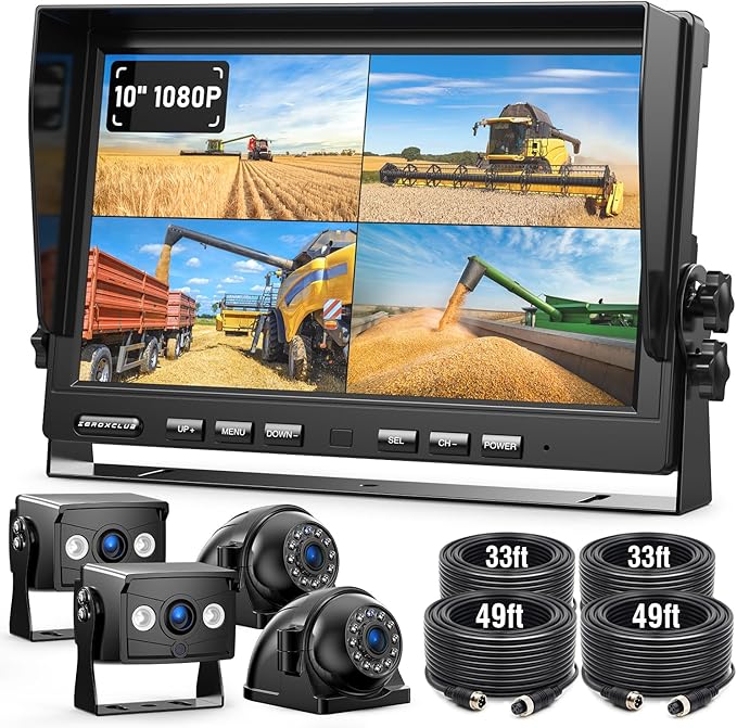 ZEROXCLUB 4 Wired Backup Camera System, 10" 1080P Monitor IP69K Waterproof Vibration-Proof 10G Rear Side View Camera, Quad Split Screen for Tractor, Truck, Trailer, Combine, Heavy Equipment, BH104