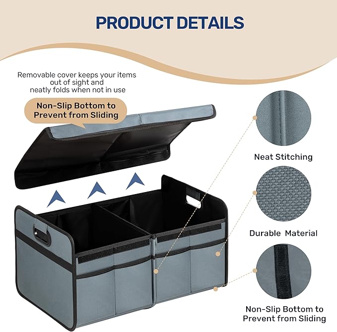 YSSOA Car Trunk Organizer with Lid, Collapsible 2 Compartment Automotive Storage Box, 600D Waterproof Oxford Polyester 50L Travel Accessories, Anti-slip & Leak-proof, Grey-Green