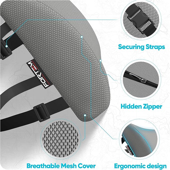 FORTEM Lumbar Support Pillow for Office Chair, Lumbar Support Pillow for Car, Back Rest for Gaming, Memory Foam Pillow, Desk Chair Cushion, Breathable & Washable Cover, Adjustable Straps