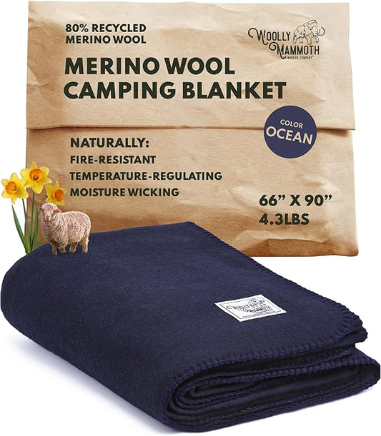 Woolly Mammoth Woolen Company Merino Wool Blanket - 80% Merino Wool - Camping Blankets for Cold Weather - Mositure-Wicking for Overlanding, Hunting, Emergency Kits, Bushcraft (66" x 90" Lapsis)