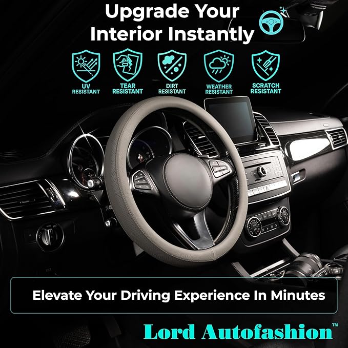 Lord Autofashion Steering Wheel Cover – PU Leather, Non-Slip Rubber Inner, All-Season Comfort – 14.5–15 Inch (Grey 8397)