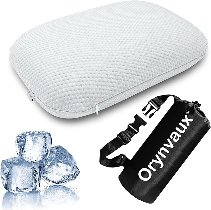 Cooling Camping Pillow, Memory Foam Travel Pillow with Adjustable Buckle Strap & Storage Bag, Compact Small Pillow for Airplane, Car Lumbar, Office, Washable Cooling Cover, Frost White