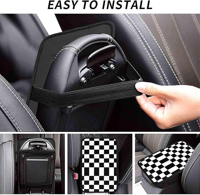 Car Armrest Cover Auto Center Console Pad Arm Rest Cushion Soft Car Accessories Universal for Most Vehicle (Checkerboard-Black & White Pattern Design)