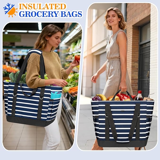 HUANLANG Soft Cooler Bag Insulated for Travel,Large Insulated Grocery Bags with Zippered Top,PEVA Collapsible Food Delivery Cooler Bag for Beach, Travel, Picnics