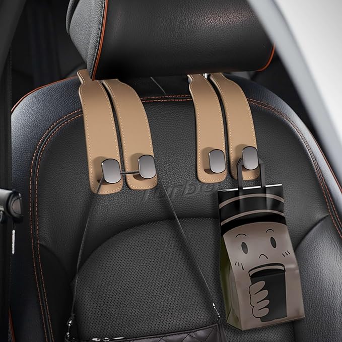 Genuine Leather Car Purse Hook - Flexible Car Seat Back Storage Hook for Purses and Bags, Universal Headrest Hooks for Car, Upgraded Car Purse Holder Hanger for Head Rest (Beige-1 Pack)