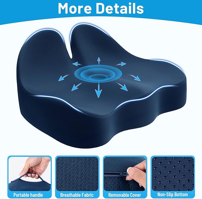 Memory Foam Seat Cushion for Office Chair, Ergonomic Coccyx Cushion for Desk Chair, Tailbone Support Pillow for Long Sitting, Non-Slip Seat Pad for Home, Gaming Chair -Navy Blue, X-Large