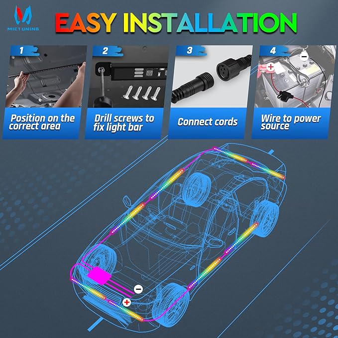 MICTUNING N8 Car Underglow Light Bar Kit, Chasing Color RGB+IC LED, Aluminum Exterior Underbody Multicolor Soundsync Neon Light Strip, Wireless App & Remote Control, IP68 Waterproof, 8PCS