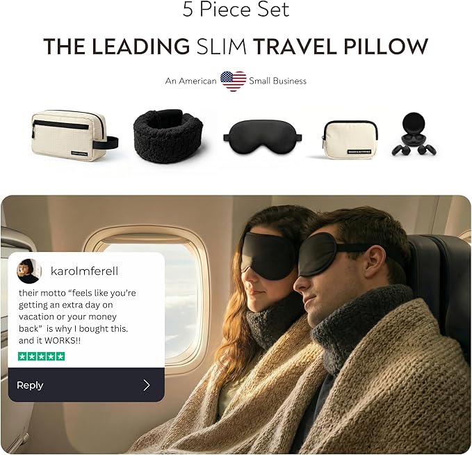 Slim Travel Neck Pillow for Long Flights, 360° Memory Foam Support Travel Neck Pillow with Premium Airplane Comfort Essentials 5pc Set, Best for Sleeping on Airplanes, Cars, Trains | Compact Bag