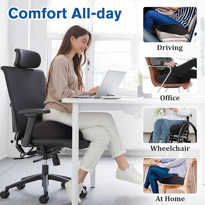 Seat Cushion, Gel Chair Cushions, Office Chair Cushions, Anti-Slip Bottom & Removable Cover Tailbone Pain Relief Cushion, Memory Foam Seat Cushion, 5.28 in Thick (Black)