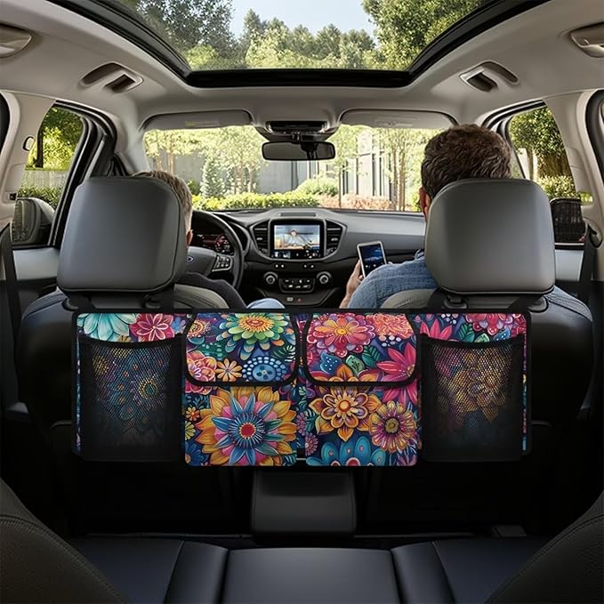 Hippie Boho Floral Blossoms Car Trunk Organizer Hanging Cargo Storage Bag for Grocery Cargo Organizer with 4 Compartments