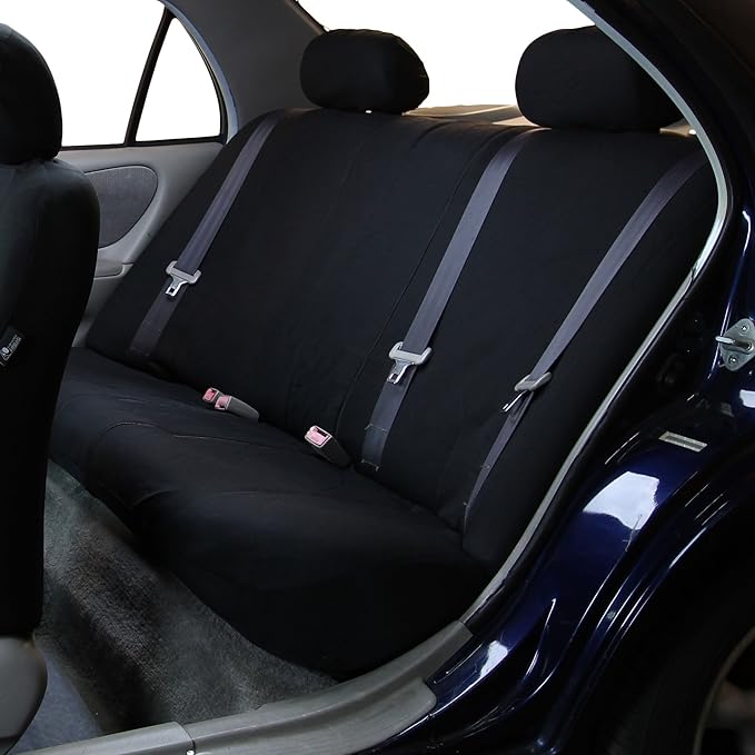 FH Group Car Seat Covers Flat Cloth Automotive Black Full Set, Rear Solid Bench Universal Fit Combo Steering Wheel Cover & Seat Belt Pads Car Seat Protector for Cars Trucks SUV Interior Accessories