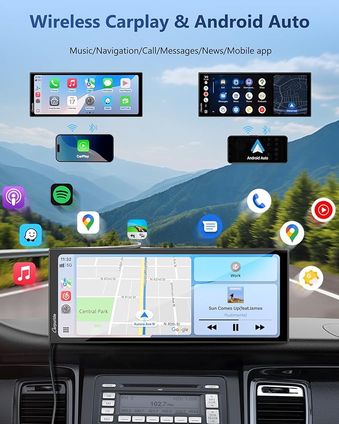 Carpuride Carplay Screen for Car with 4K Dash Cam & 1080P Backup Camera 11.26" Portable Car Play Touchscreen Wireless Carplay & Android Auto, Loop Recording, Voice Control, GPS Navigation, Mirror Link