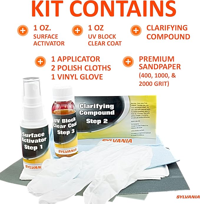 SYLVANIA Headlight Restoration Kit - Long-Lasting Headlight Repair Kit for Restoring to Like-New Condition - Surface Activator, Exclusive UV Coating, Clarifying Compound & More - No Tools Required