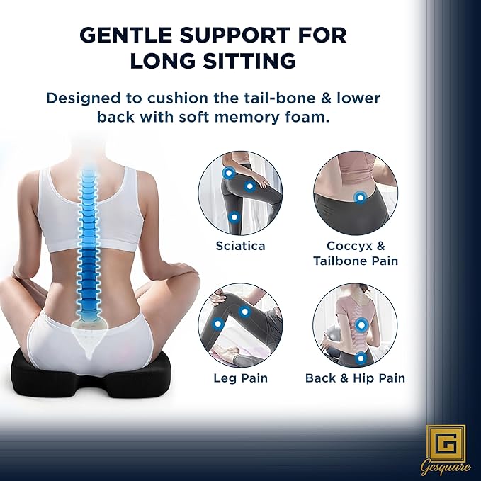 GESQUARE 3-Piece Memory Foam Seat Cushion & Lumbar Support Pillows Set – Adjustable Back Support for Office, Car & Gaming Chairs – Tailbone & Coccyx Comfort for Long Sitting.