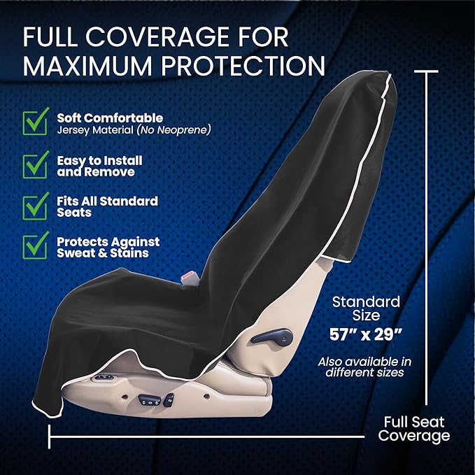 Dri Seats Waterproof Car Seat Cover – Premium Sweat Towel with Slip Resistant Backing for Front Seats in Cars, Trucks, SUVs – Universal Seat Covers & Liner, Easy Install (Black, Large)