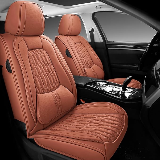 WELLDO Car Seat Covers Full Set, Leather Seat Covers for Car, Waterproof Car Seat Protector with Lumbar Support, Automotive Seat Covers Universal Fit for Most Cars SUV Truck, Brown